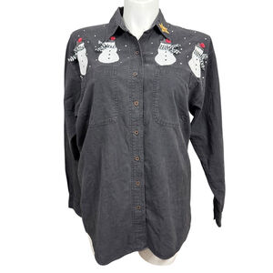 Blue Diamond Vintage Snowman Embroidered Button Down Shirt Black XL 100% Cotton